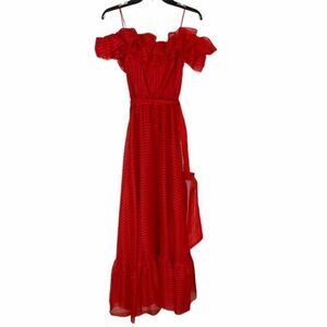 Vintage off shoulder red ruffle tie waist dress